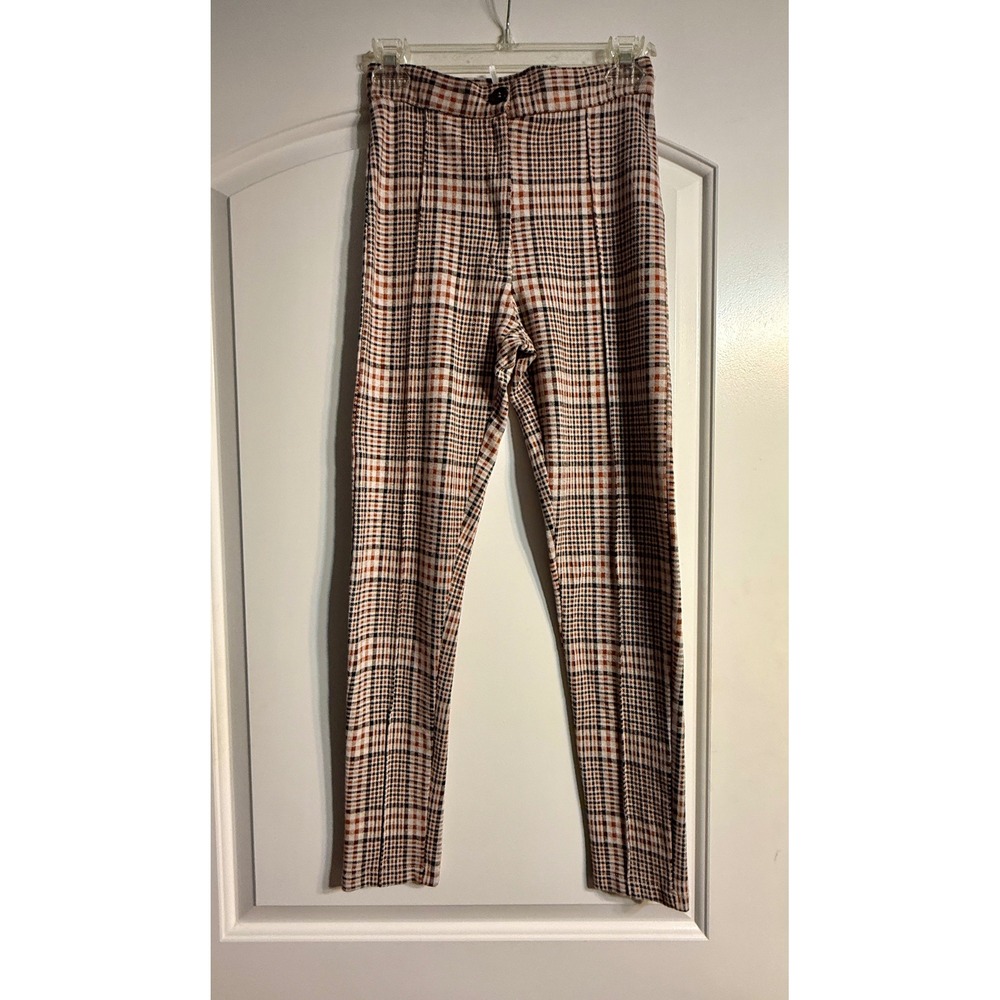 Free People Plaid Trousers Size 4 Orange Black Pintuck Slim Preppy Heritage